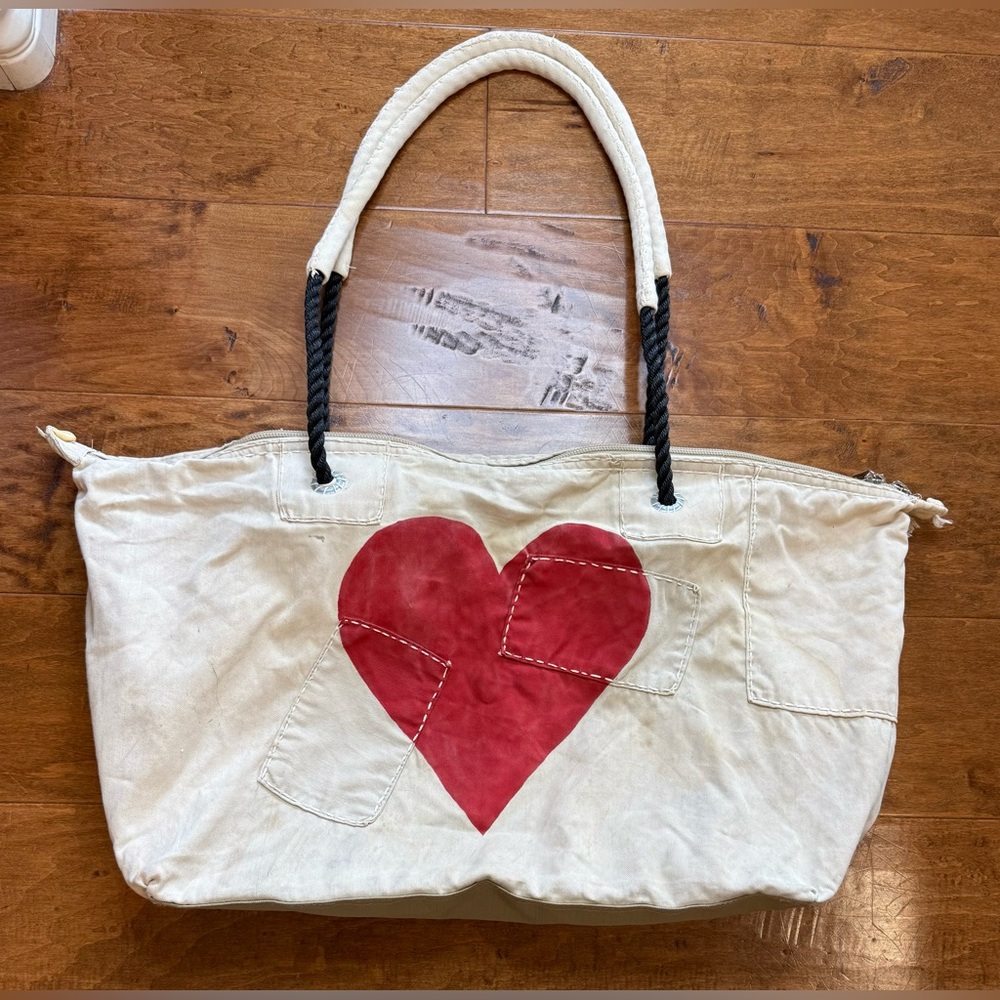 Recycled Sailcloth Weekender Tote Rope Handle Nautical Heart Beach Bag